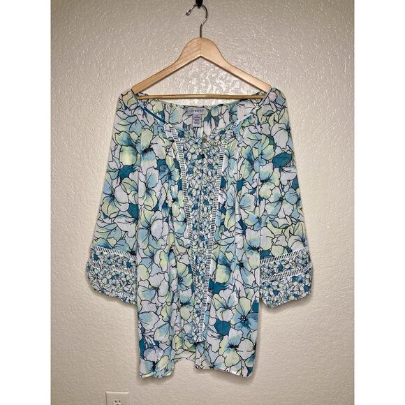Catherines Top Size 2X 22/24 Chiffon Tunic V-Neck 3/4 Sleeve Open Weave Trim - Picture 1 of 8